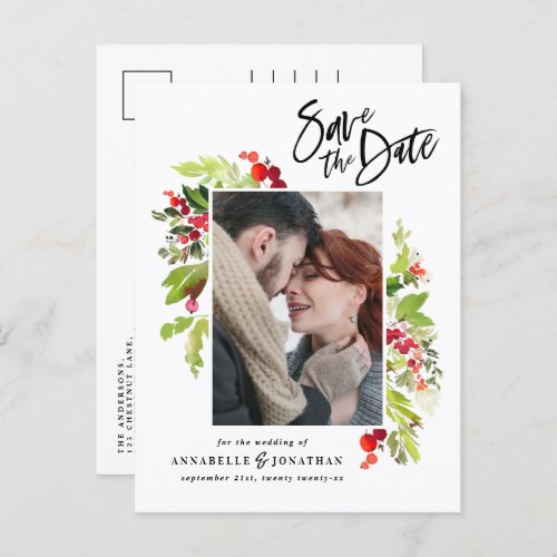 Watercolor red green foliage photo save the date announcement postcard