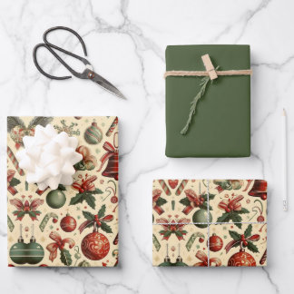 Watercolor Red Green Ornaments Candy Christmas  Wrapping Paper Sheets