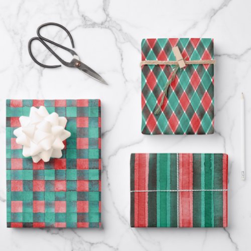 Watercolor Red Green Plaid Festive Holiday Pattern Wrapping Paper Sheets