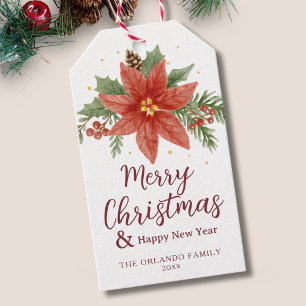 Watercolor Red Green Poinsettia Merry Christmas  Gift Tags