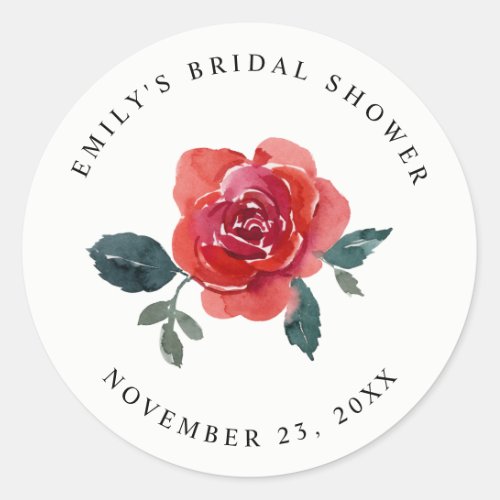 WATERCOLOR RED GREEN ROSE FLORAL BRIDAL SHOWER CLASSIC ROUND STICKER