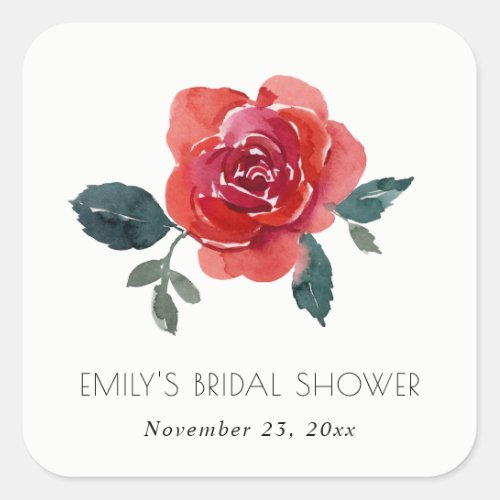 WATERCOLOR RED GREEN ROSE FLORAL BRIDAL SHOWER SQUARE STICKER