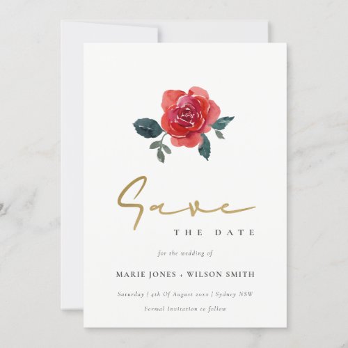 WATERCOLOR RED GREEN ROSE FLORAL SAVE THE DATE INVITATION