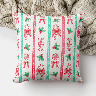 Watercolor Red + Green Stripes Candy Cane Throw Pillow