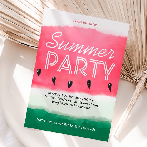 Watercolor red green watermelon summer party invitation