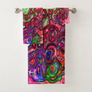 Watercolor Red Groovy Abstract Retro Liquid Swirl Bath Towel Set