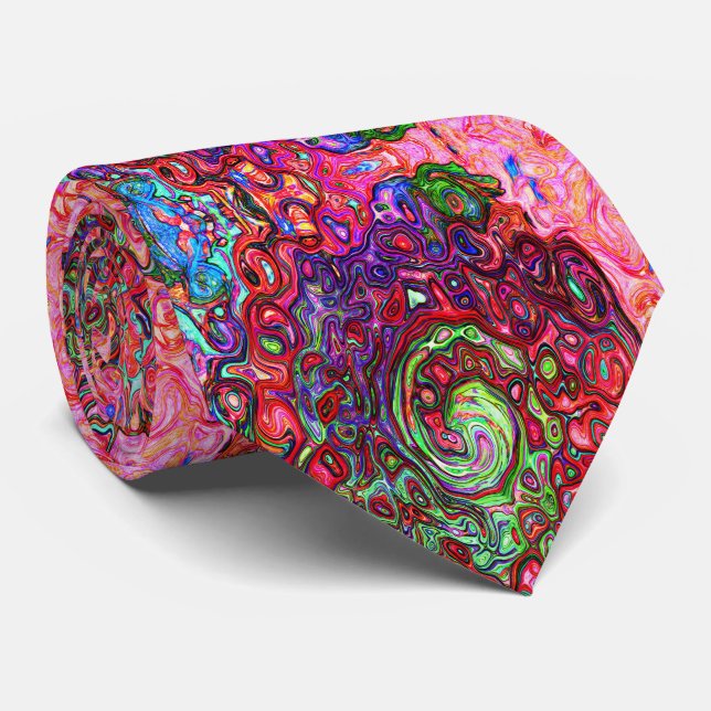 Watercolor Red Groovy Abstract Retro Liquid Swirl Neck Tie (Rolled)