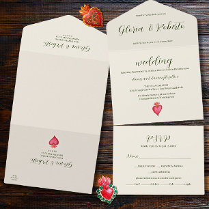 Watercolor Red Heart & Flower Mexican Wedding All In One Invitation