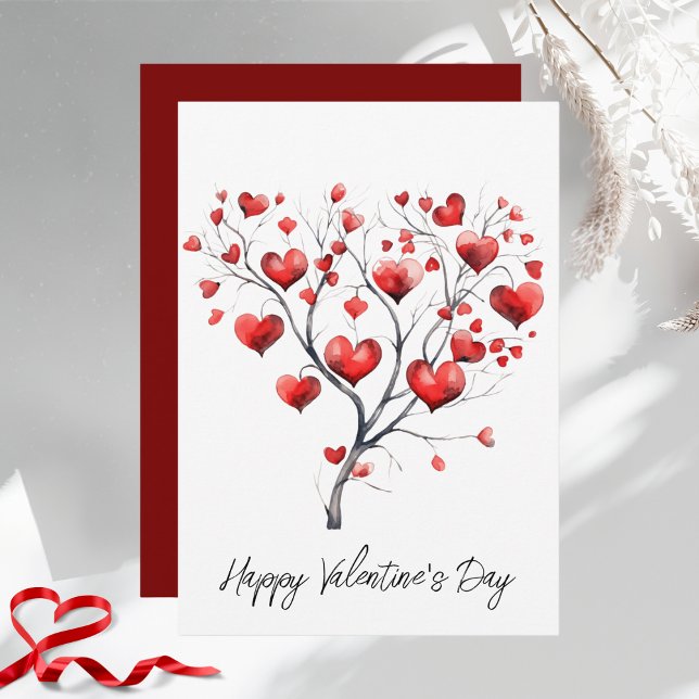 Watercolor Red Heart Tree Happy Valentine's Day Holiday Card (Creator Uploaded)