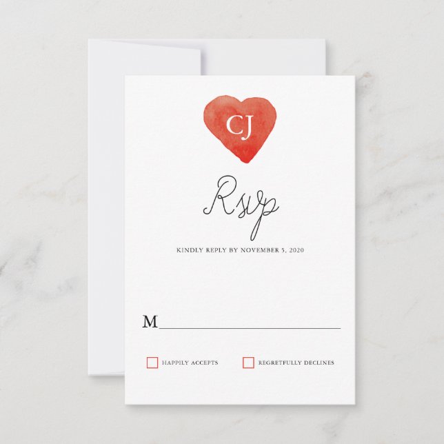 Watercolor Red Heart Wedding RSVP Card (Front)
