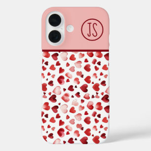 Watercolor Red Hearts Valentine's Day Monogrammed iPhone 16 Case