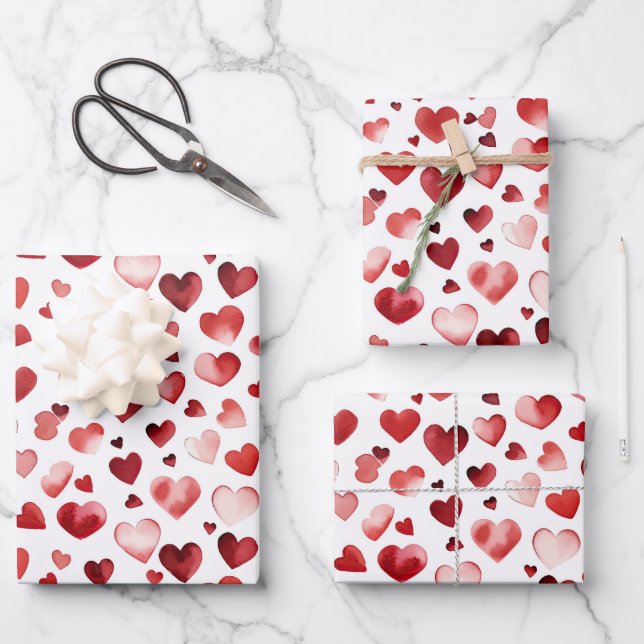Watercolor Red Hearts Valentine's Day Wrapping Paper Sheets (Front)
