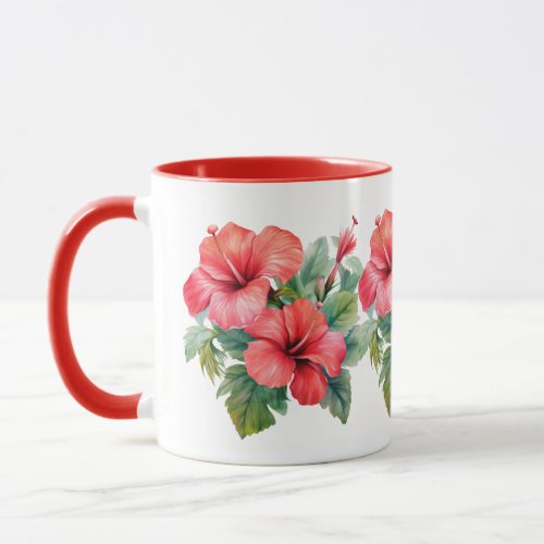 Watercolor Red Hibiscus Tropical Floral Greenery Mug