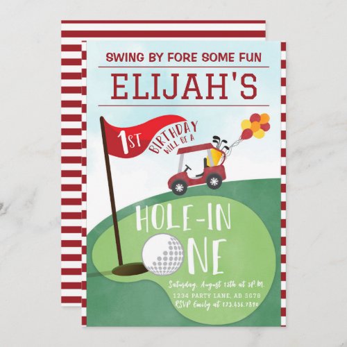 Watercolor Red Hole In One Golf 1st Birthday Invitation