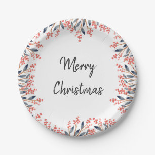 Watercolor Red Holiday Party Winter Berries Leaves Paper Plates