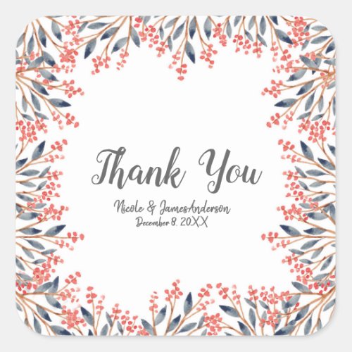 Watercolor Red Holiday Winter Berries Wedding Square Sticker