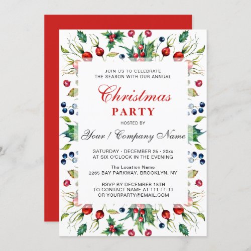 Watercolor Red Holly Berry Christmas Party Invitation