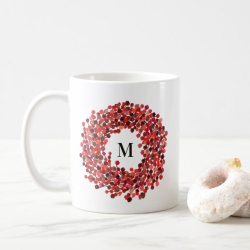 Watercolor Red Holly Berry Wreath Monogram Coffee Mug