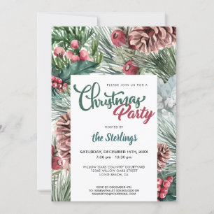 Watercolor Red Holly Green Pine Christmas Party Invitation