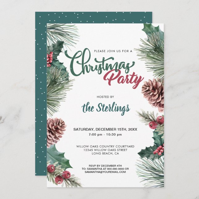 Watercolor Red Holly Pine Border Christmas Party Invitation (Front/Back)