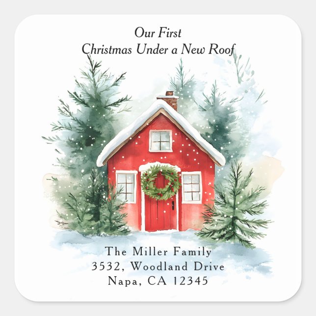 Watercolor Red House New Address Return Address Square Sticker (Front)