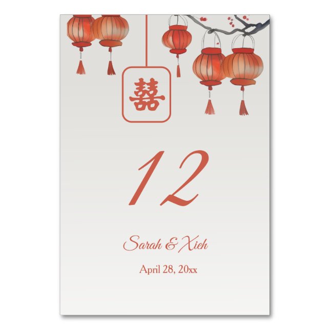 Watercolor Red Lanterns Chinese Wedding Table Number (Front)