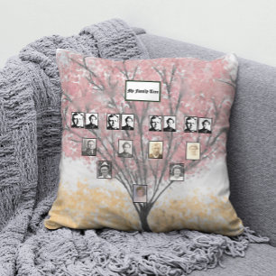 Watercolor Red Leaf Family Tree with Photos Throw Pillow