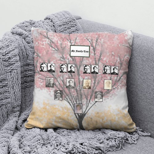 Watercolor Red Leaf Family Tree with Photos  Throw Pillow