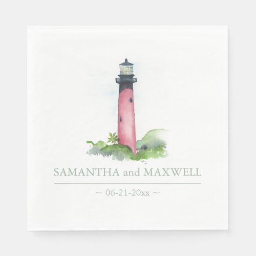 Watercolor Red Lighthouse Beach Wedding Napkins