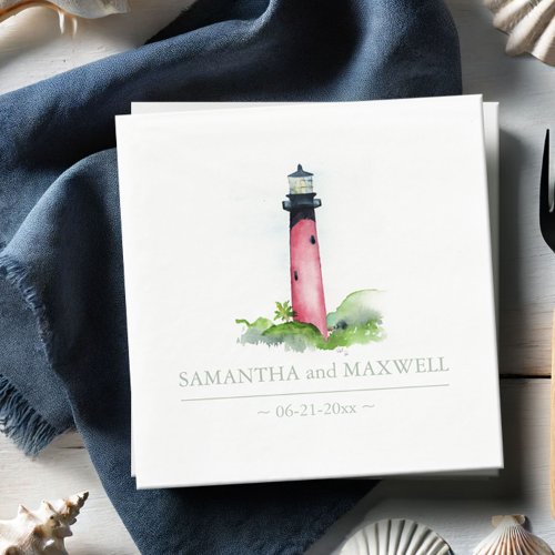 Watercolor Red Lighthouse Beach Wedding Napkins