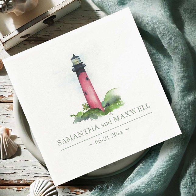 Watercolor Red Lighthouse Beach Wedding Napkins (Beach wedding personalized napkins watercolor lighthouse by Victoria Grigaliunas Do Tell A Belle)