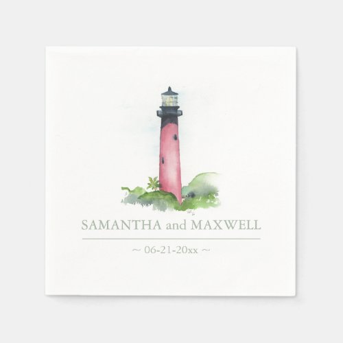 Watercolor Red Lighthouse Beach Wedding Napkins
