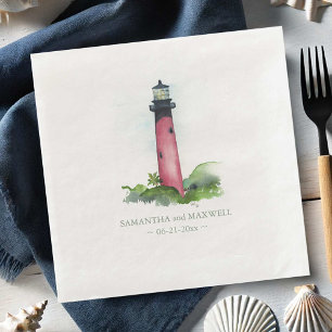 Watercolor Red Lighthouse Beach Wedding Paper Dinner Napkins