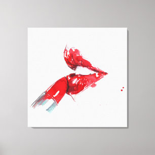 Watercolor red lips and lipstick feminine art canvas print