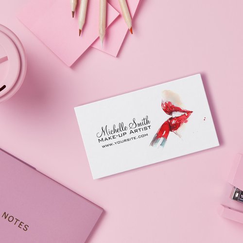 Watercolor red lips and lipstick makeup branding   business card