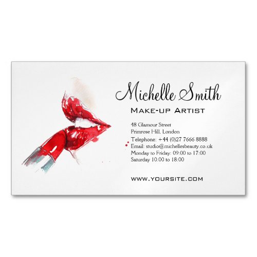 Watercolor red lips and lipstick makeup branding   business card magnet