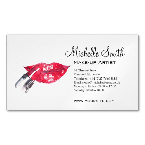 Watercolor red lips and lipstick makeup branding   business card magnet