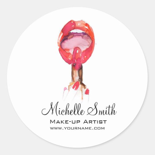 Watercolor red lips and lipstick makeup branding  classic round sticker