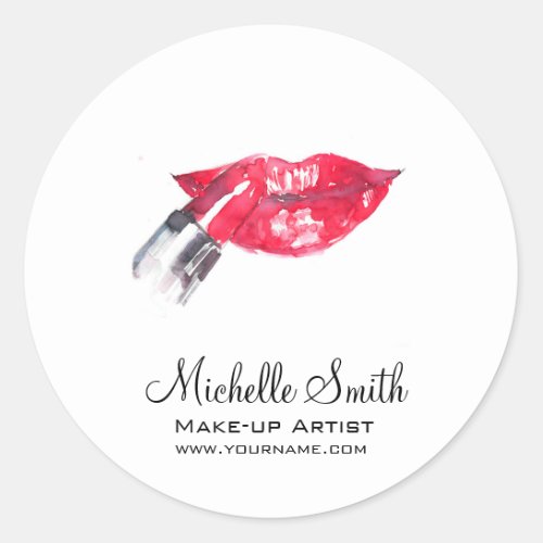 Watercolor red lips and lipstick makeup branding   classic round sticker