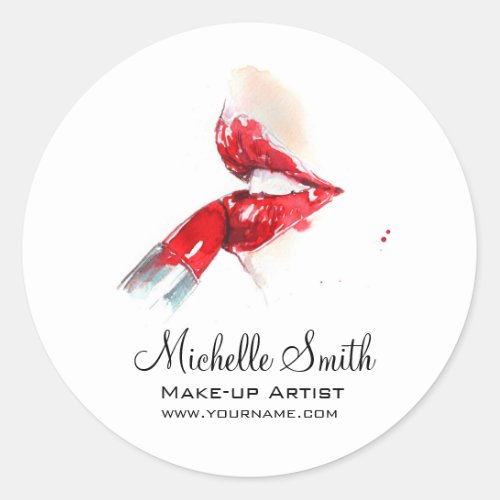 Watercolor red lips and lipstick makeup branding   classic round sticker