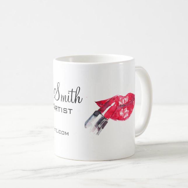 Watercolor red lips and lipstick makeup branding   coffee mug (Front Right)