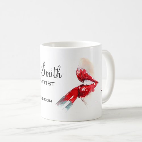 Watercolor red lips and lipstick makeup branding   coffee mug