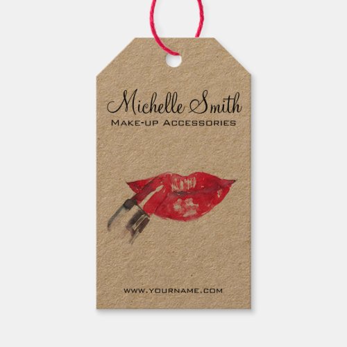 Watercolor red lips and lipstick makeup branding   gift tags