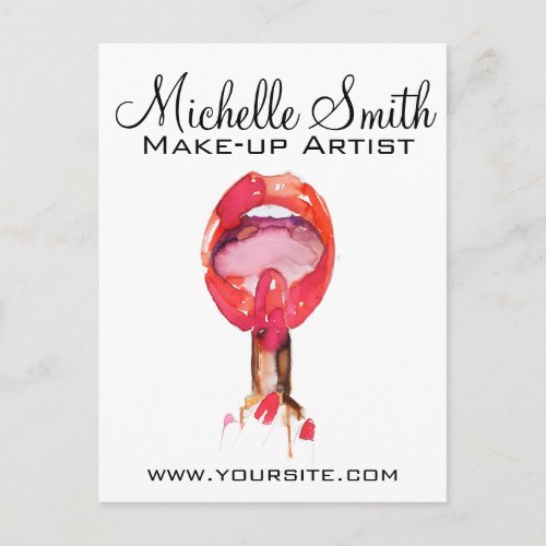 Watercolor red lips and lipstick makeup branding  postcard