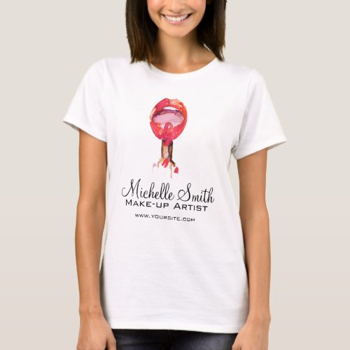 Watercolor red lips and lipstick makeup branding  T_Shirt