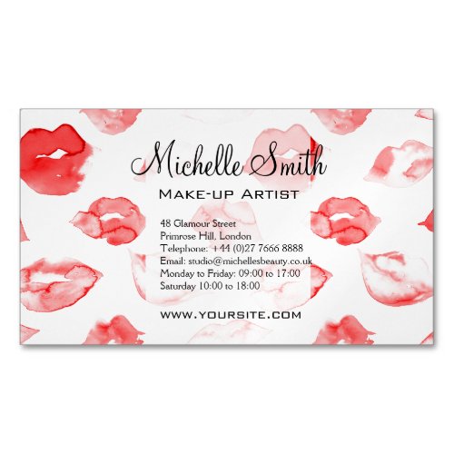 Watercolor red lips pattern makeup branding business card magnet