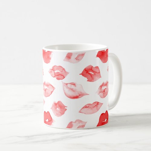 Watercolor red lips pattern makeup branding coffee mug