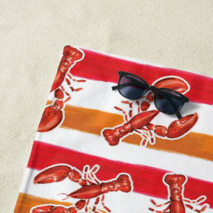 Watercolor Red Lobster Orange Stripes Personalized Beach Towel