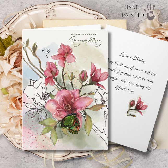 Watercolor Red Magnolia & Butterfly Sympathy Card (Watercolor Red Magnolia and Butterfly Sympathy Card)