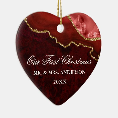 Watercolor Red Marble Geode Wedding Heart PHOTO Ceramic Ornament